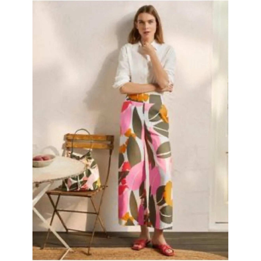 Boden Pink Olive Tropical Leaf Print 100% Linen Wide Leg Cropped Pants US 8